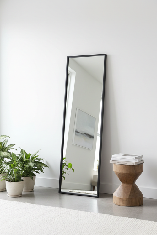 Sleek full length mirror with matte black frame leaning against a white wall